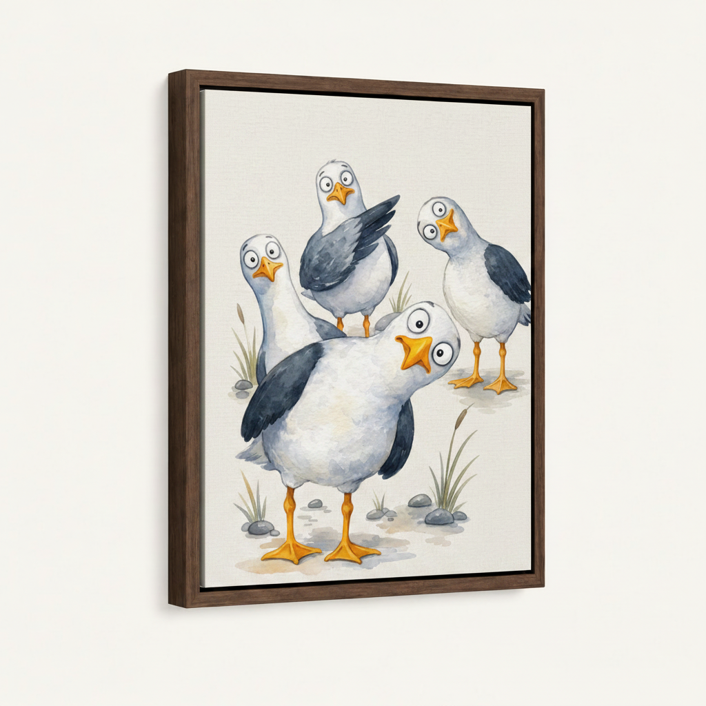 Funny seagull watercolor canvas art in dark walnut floating frame shown at angle on white background