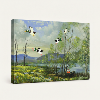 Gallery wrapped canvas print of spring lakeside oil painting, side profile view