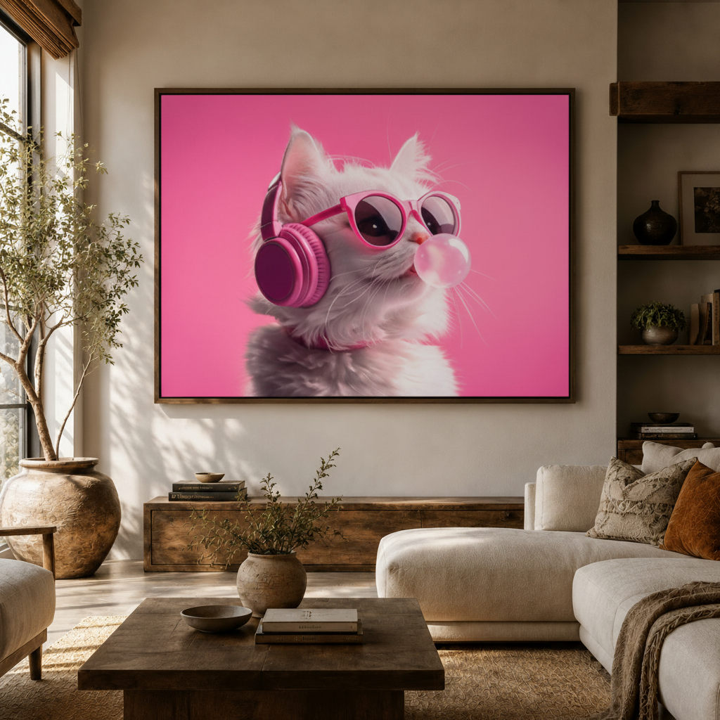 Funny white cat pink sunglasses headphones canvas print above sideboard in bright modern living room