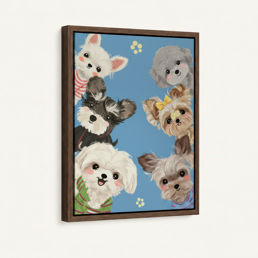 Framed kawaii puppy canvas print in walnut float frame, front-facing product display