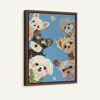 Framed kawaii puppy canvas print in walnut float frame, front-facing product display