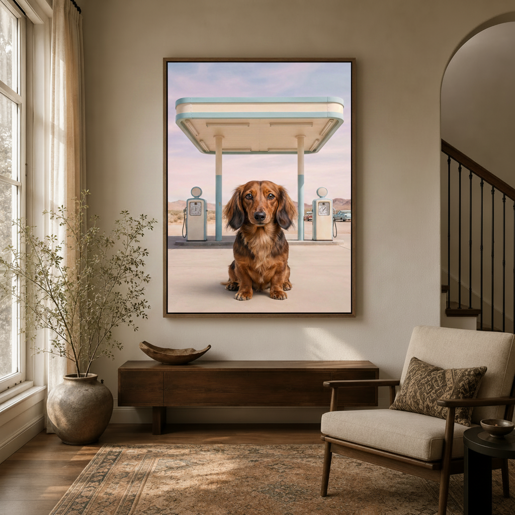 Photorealistic dachshund desert road trip canvas in dark walnut frame displayed in warm neutral modern entryway