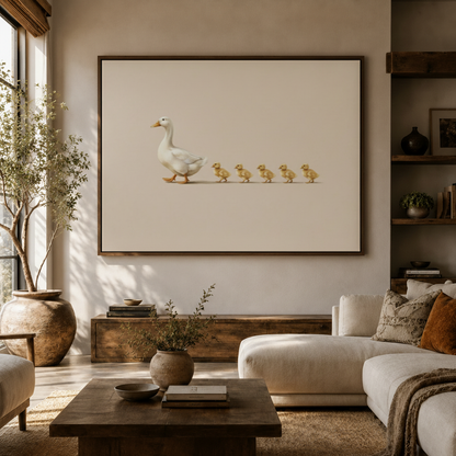 Goose and ducklings minimalist canvas wall art above console in bright Japandi living room white sofa