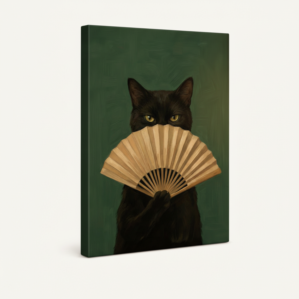 Gallery-wrapped black cat fan canvas showing deep teal-green side edges, frameless elegant wall art view