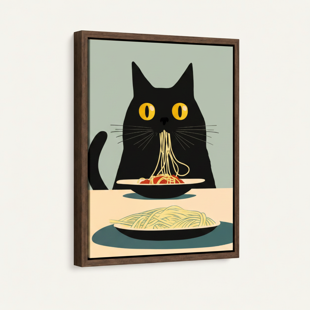 Float frame canvas wall art featuring funny black cat eating noodles on teal background