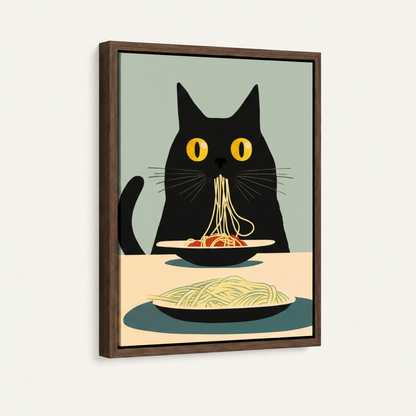 Float frame canvas wall art featuring funny black cat eating noodles on teal background
