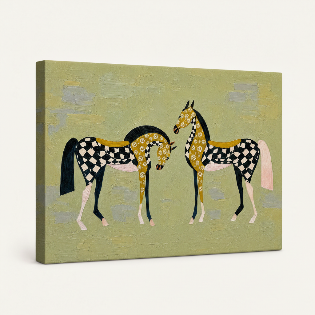 Gallery-wrapped canvas of folk art horse painting, side angle showing canvas depth and brushwork