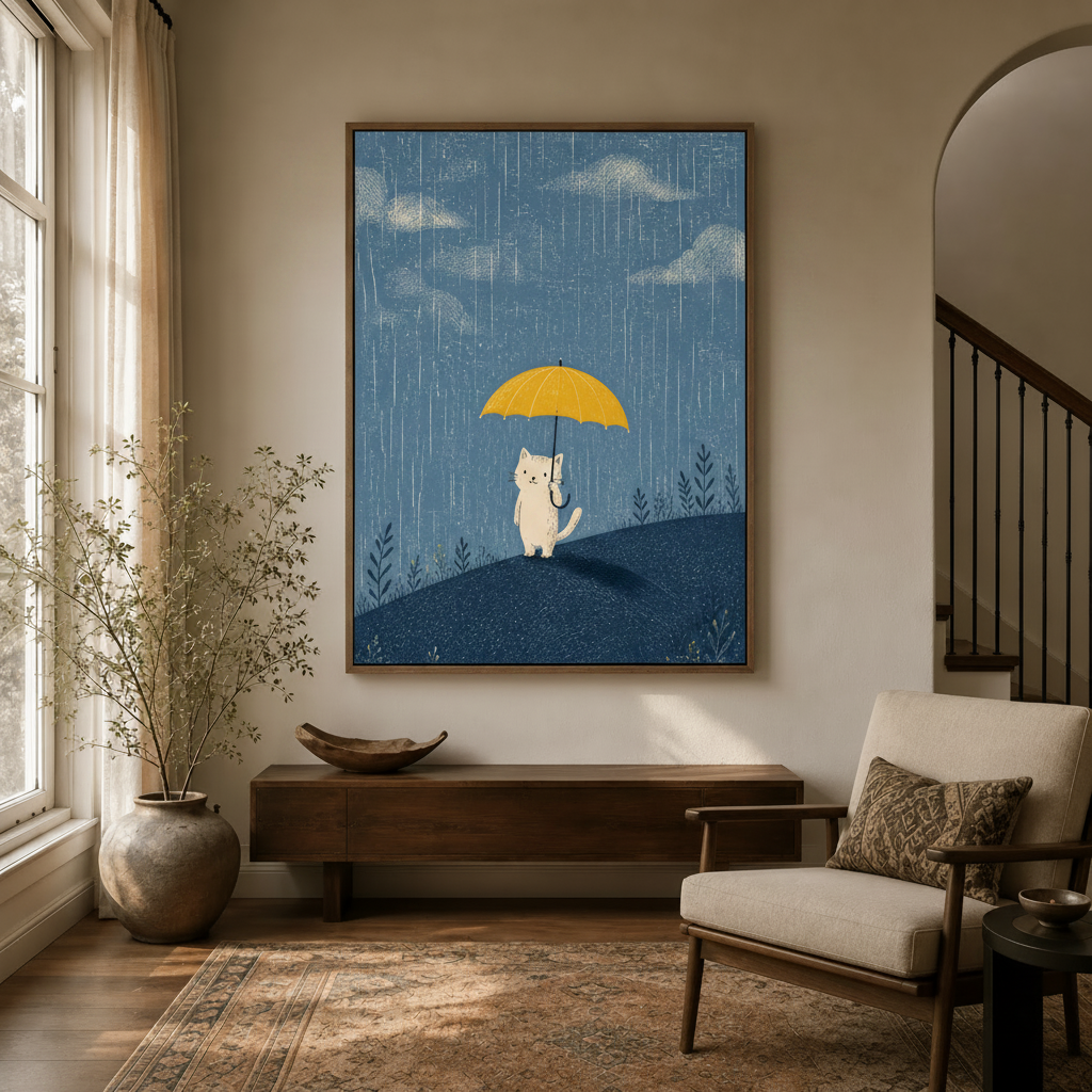 White cat yellow umbrella rainy day canvas in float frame above dark walnut entryway credenza, calming blue tones