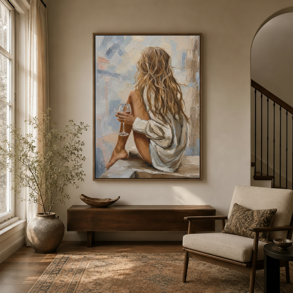 Elegant woman figure canvas in walnut float frame displayed in entryway above console