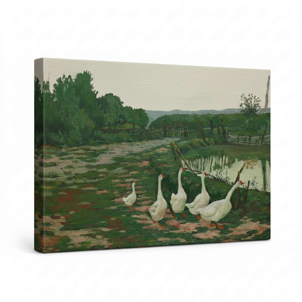 Gallery-wrapped canvas of French Impressionist geese pastoral painting, side angle showing canvas depth