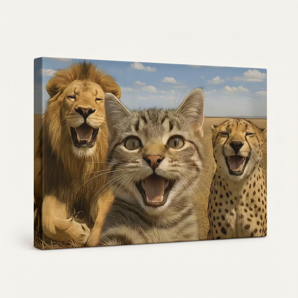Gallery-wrapped canvas print of laughing cat lion cheetah savanna scene shown at side angle on white background
