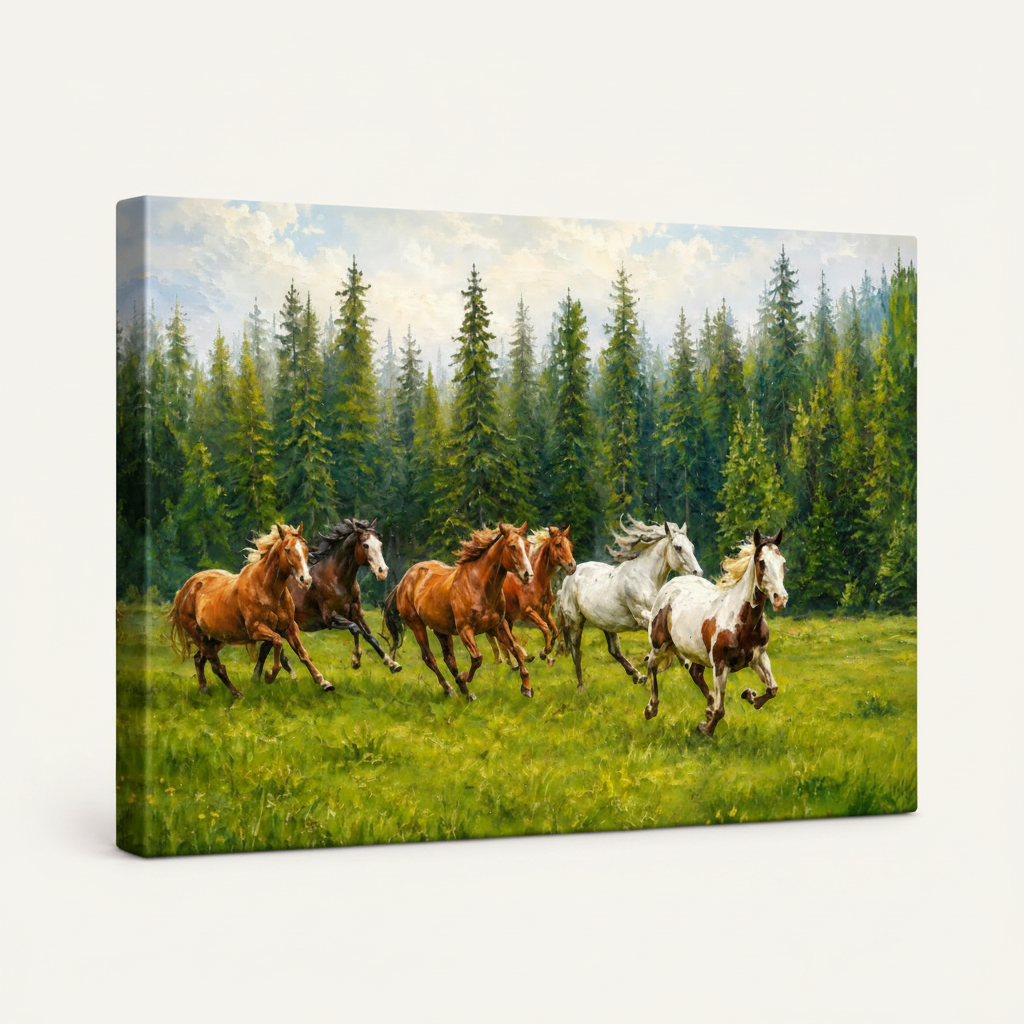 Gallery-wrapped canvas print of wild horses galloping through pine meadow showing wrap depth on white background