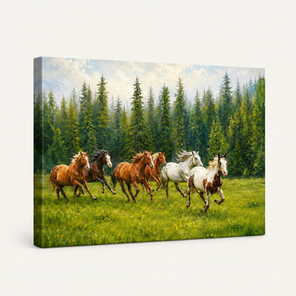 Gallery-wrapped canvas print of wild horses galloping through pine meadow showing wrap depth on white background