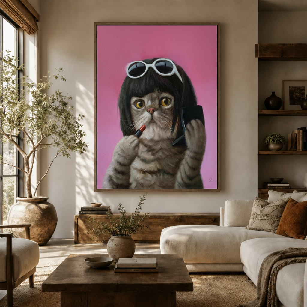 Funny tabby cat with black wig and red lipstick art print in dark frame hung in a bright living room