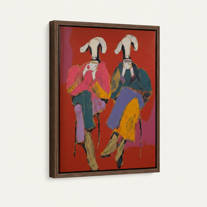 Float frame canvas wall art with bold goat figures on vivid red background