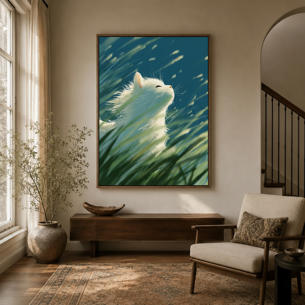 White cat wind grass digital illustration canvas displayed in bright entryway foyer with arched doorway