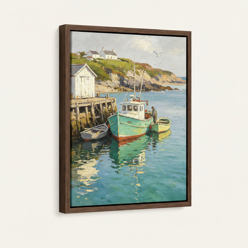 Framed impressionist harbor canvas in dark walnut float frame, front product view on cream background