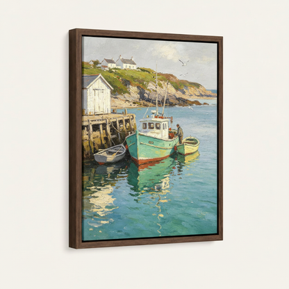 Framed impressionist harbor canvas in dark walnut float frame, front product view on cream background