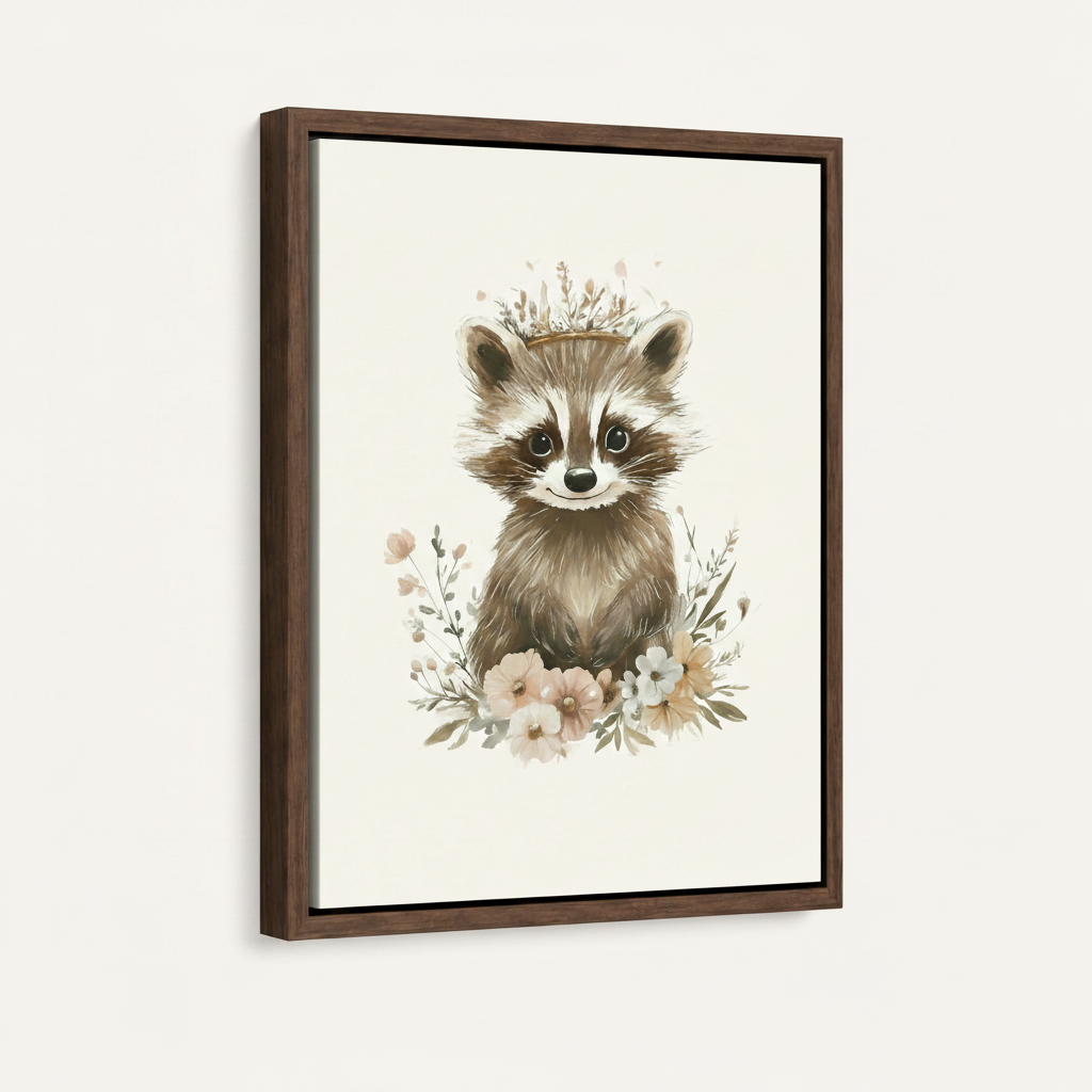 Framed watercolor raccoon nursery print in dark walnut float frame, front-facing product display