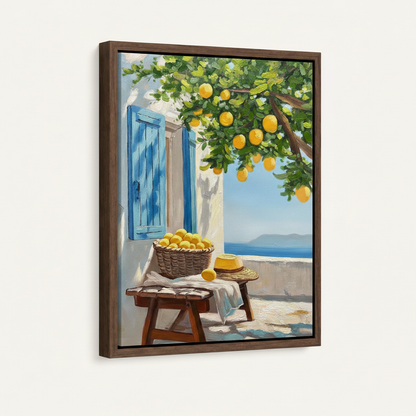 Framed Mediterranean coastal oil painting with dark walnut floating frame product view