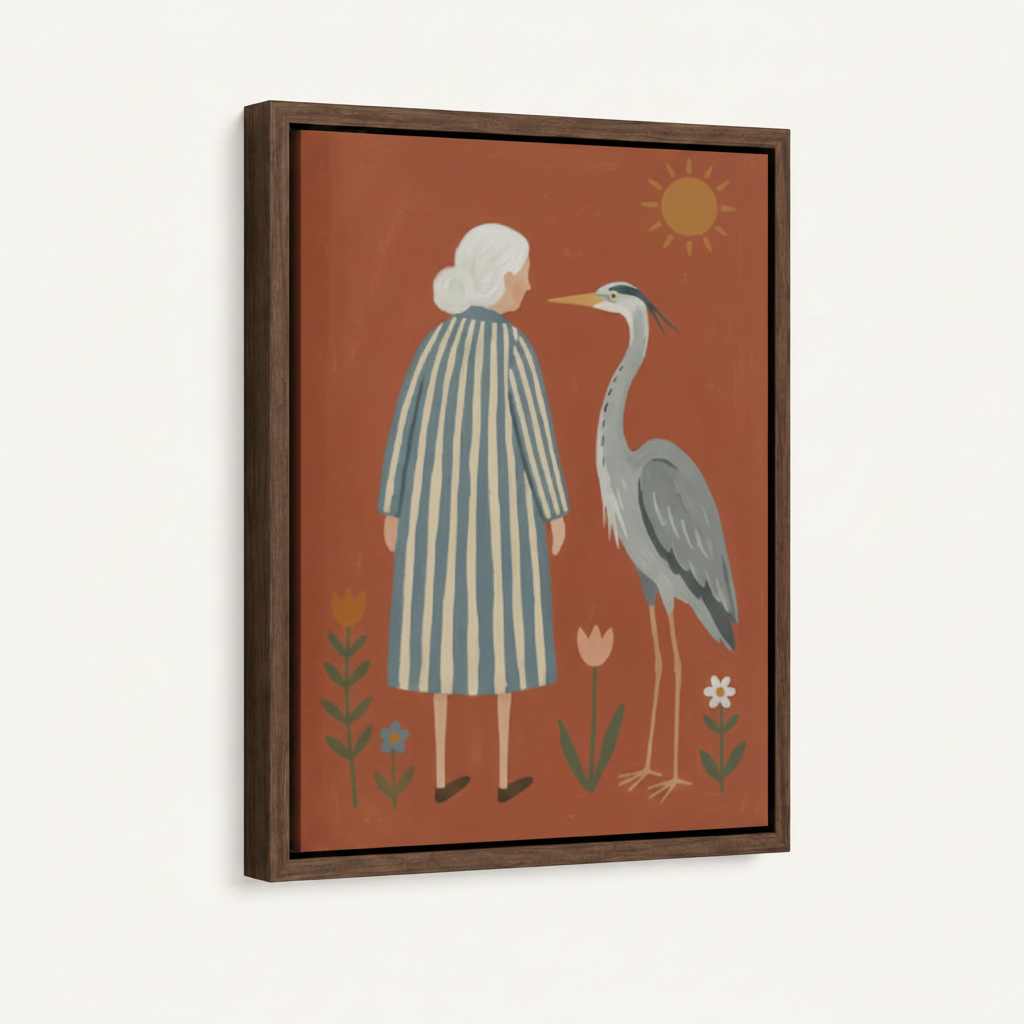 Dark walnut float framed woman and heron folk art canvas at angle on cream background