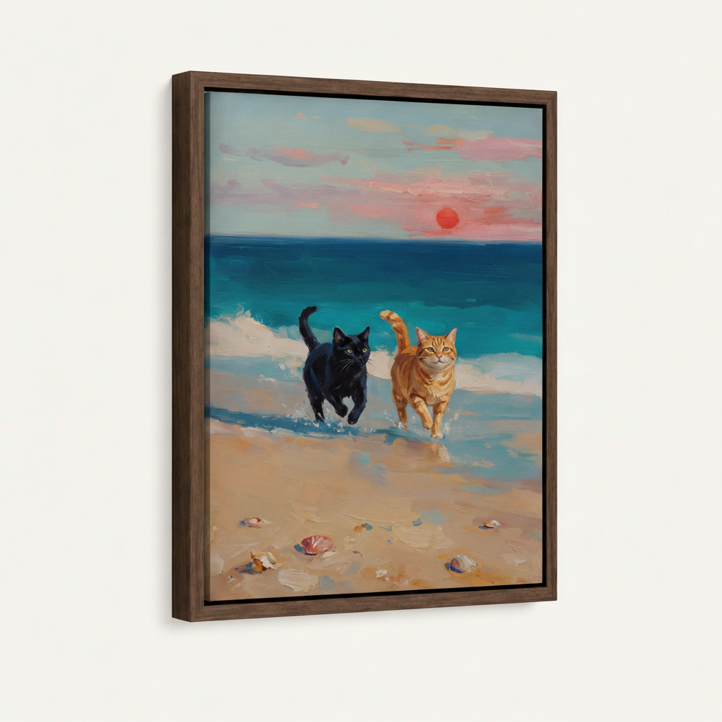 Framed impressionist cat beach painting in dark walnut float frame, 3/4 product view