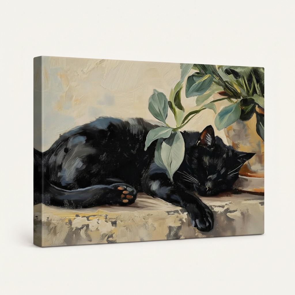 Gallery wrapped black cat oil painting canvas, no frame, 45-degree product view