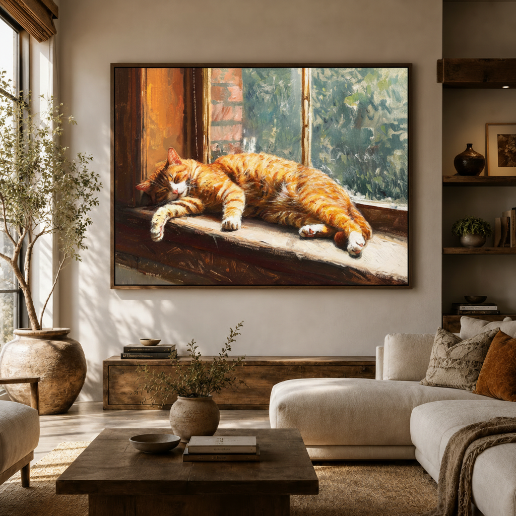 Impressionist orange cat window canvas wall art above sideboard in bright modern living room white sofa