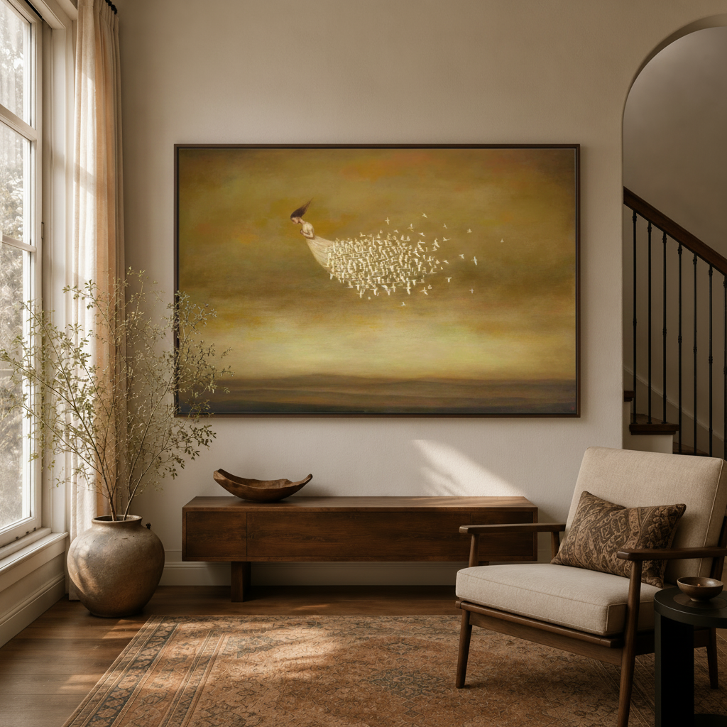Large surrealist framed wall art above console in Japandi living room
