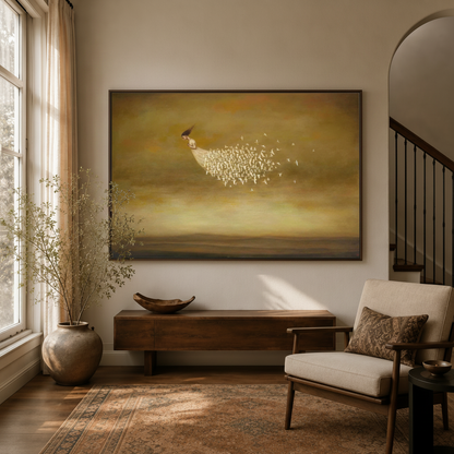 Large surrealist framed wall art above console in Japandi living room