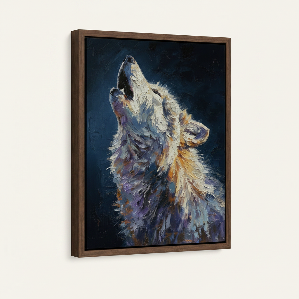 Howling wolf impasto painting in dark walnut float frame on white background