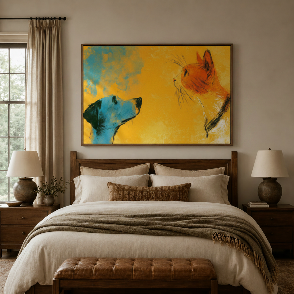 Teal and gold cat dog canvas art in dark walnut float frame above cozy bedroom headboard