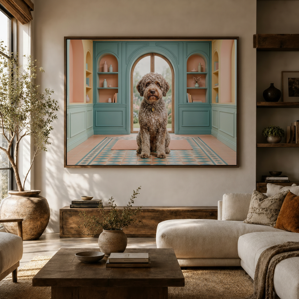 Curly labradoodle canvas wall art above console in bright Japandi living room white sofa