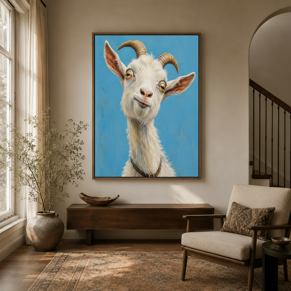 Funny goat sky blue realistic portrait canvas in float frame above dark walnut entryway credenza, bold style