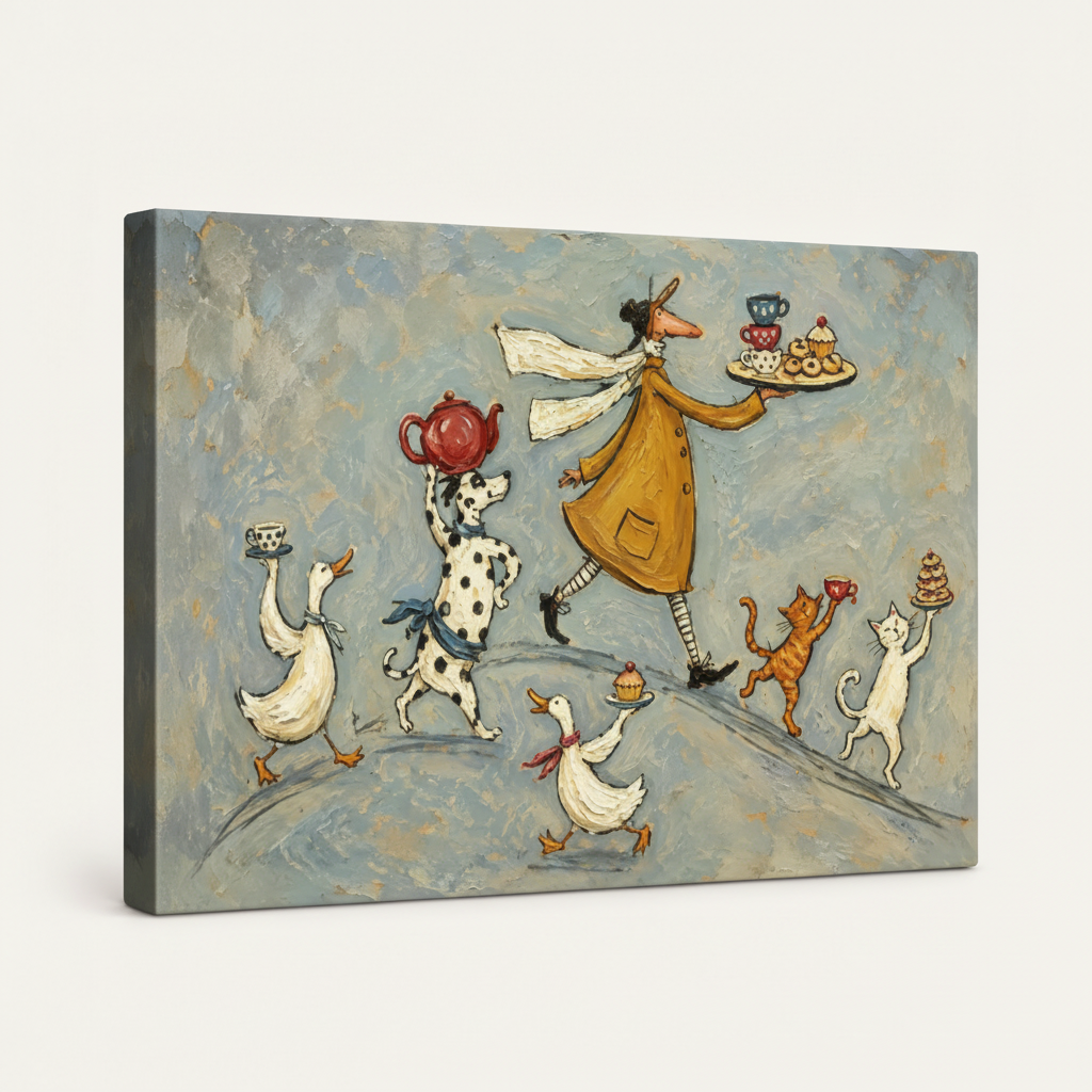 Gallery-wrapped folk art canvas tea party parade on white background showing side wrap depth
