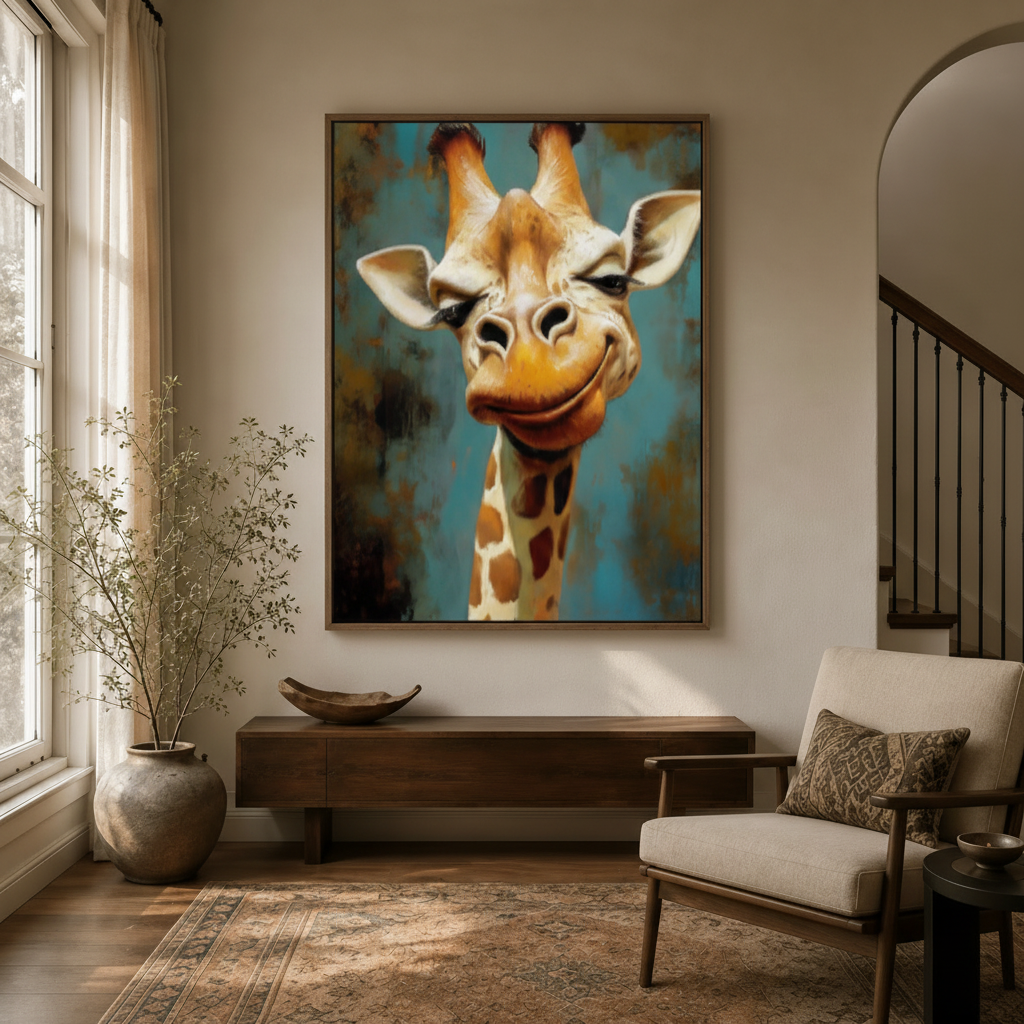 Funny smiling giraffe canvas wall art in walnut float frame displayed in bright modern entryway