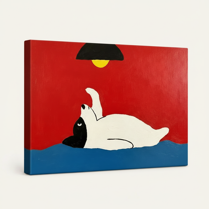 Gallery-wrapped lazy dog pop art canvas, angled view showing thick wrap edges on white background