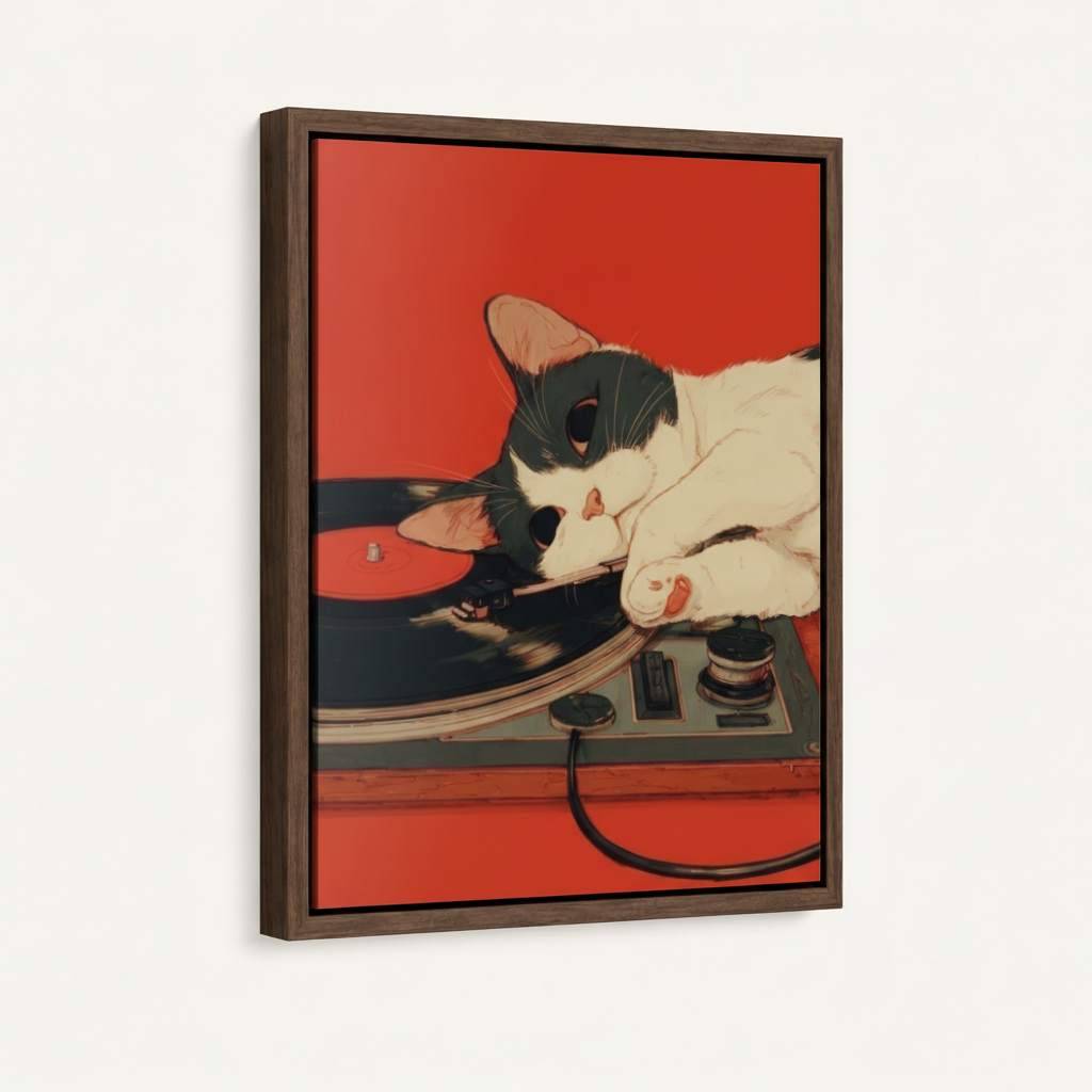 Framed canvas wall art with dark walnut float frame, cat vinyl record retro illustration