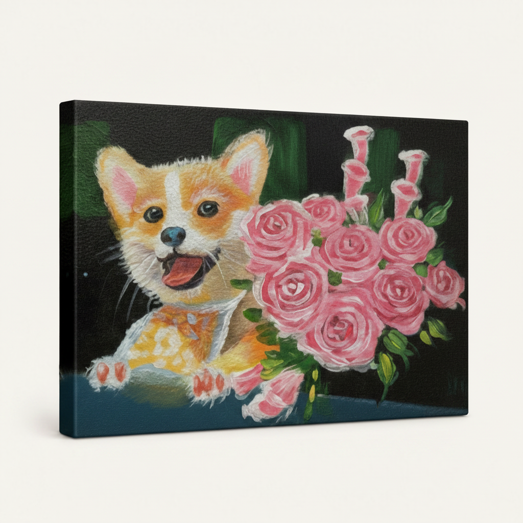 Gallery wrapped canvas featuring folk art Corgi puppy and pink bouquet, side angle on white background