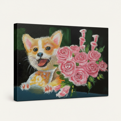 Gallery wrapped canvas featuring folk art Corgi puppy and pink bouquet, side angle on white background