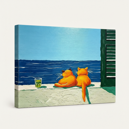 Gallery-wrapped canvas print of two orange cats facing the ocean, no frame, white background