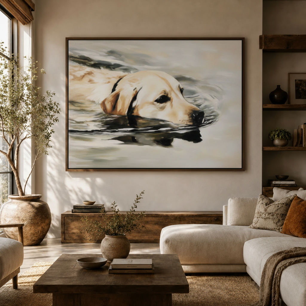Cream Labrador swimming water realistic canvas wall art above console in bright Japandi living room white sofa