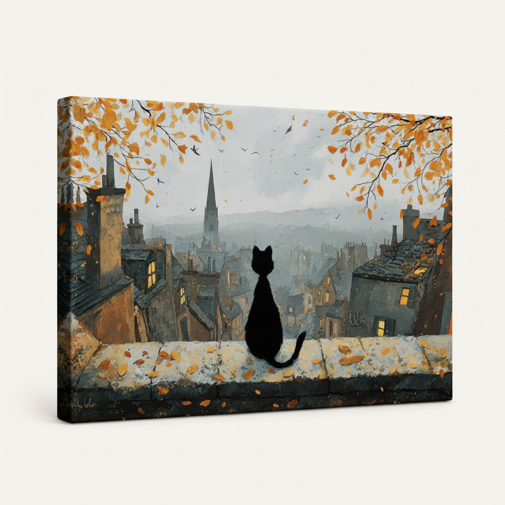 Frameless gallery wrap canvas of black cat autumn cityscape, angled side view showing impasto texture and wrap depth