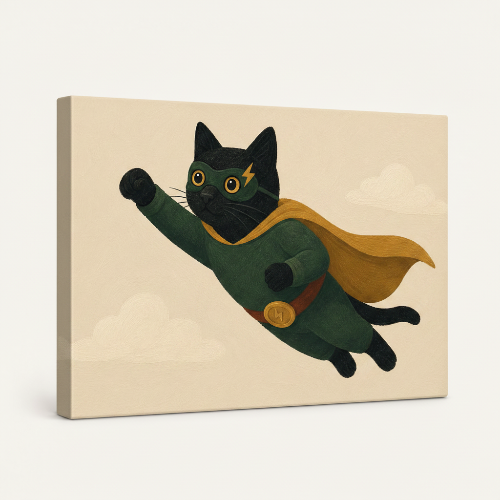 Gallery-wrapped superhero cat canvas showing side edges, angled view on clean off-white background