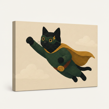 Gallery-wrapped superhero cat canvas showing side edges, angled view on clean off-white background