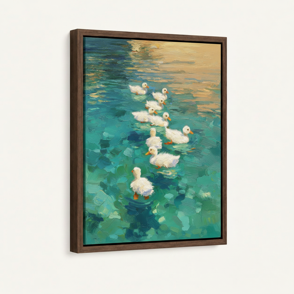 Framed white ducks wall art with natural wood float frame on off-white background