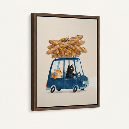 Cat bread delivery watercolor canvas in dark walnut float frame leaning against wall product shot