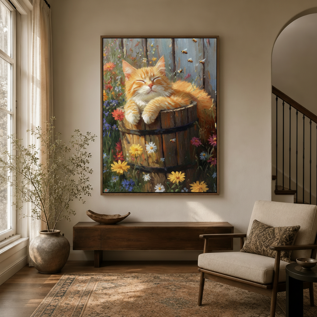 Orange kitten wildflower canvas in walnut float frame displayed in bright entryway above console table