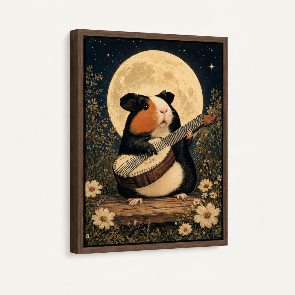 Guinea pig playing lute moonlit night canvas print in dark walnut floating frame front view on white background
