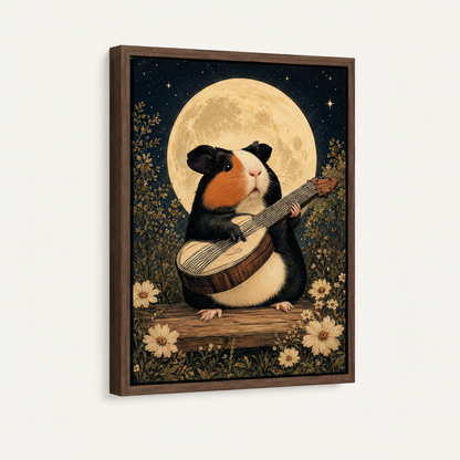 Guinea pig playing lute moonlit night canvas print in dark walnut floating frame front view on white background
